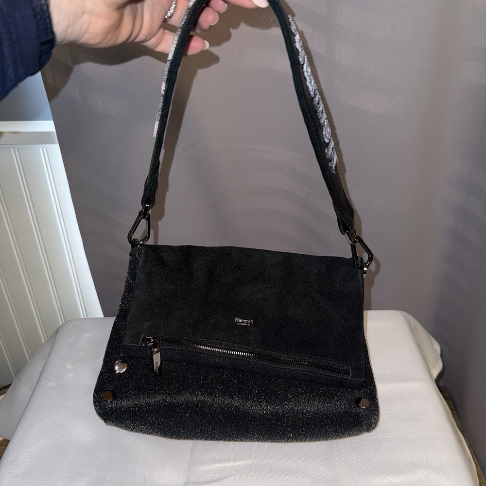 Hammitt VIP Medium Textured Leather Shoulder Bag Purse Black Reversible Strap